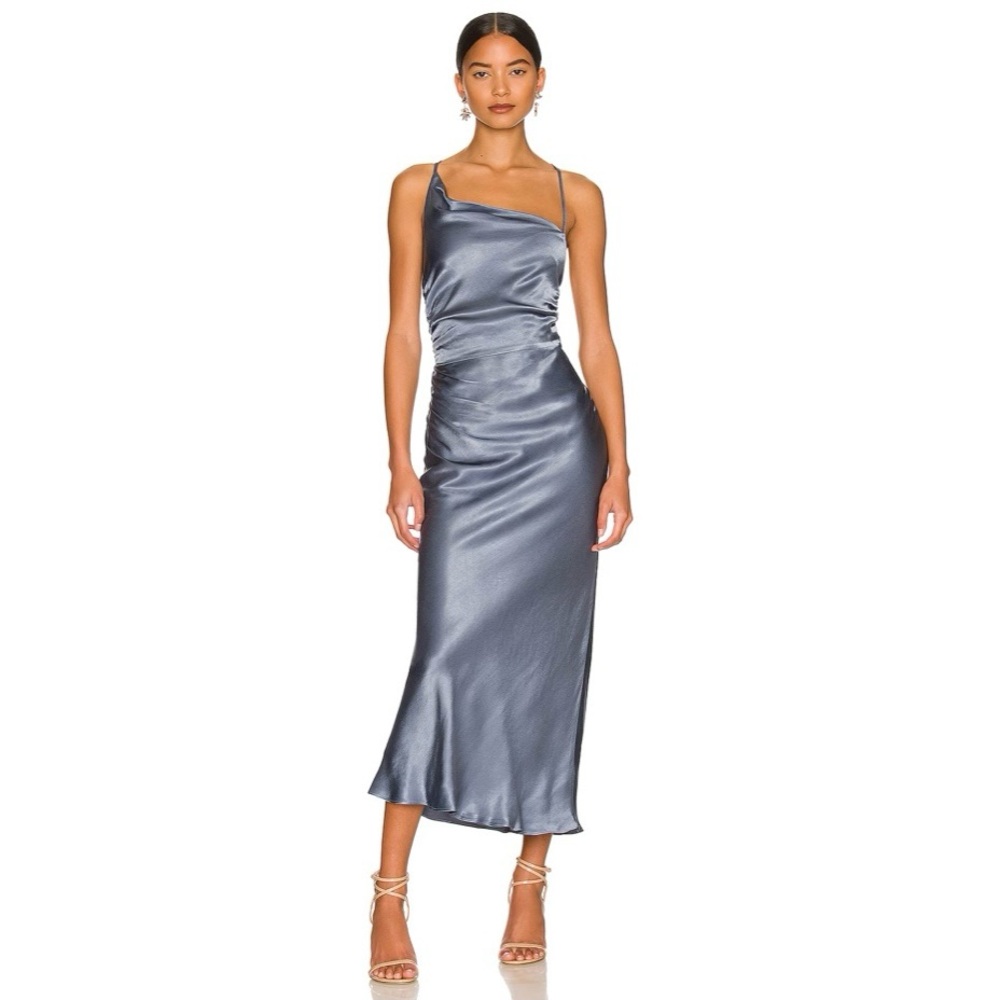 Worn Once Shona Joy La Lune Asymmetrical Bias Cowl Midi Dress Blue Smoke Size 8